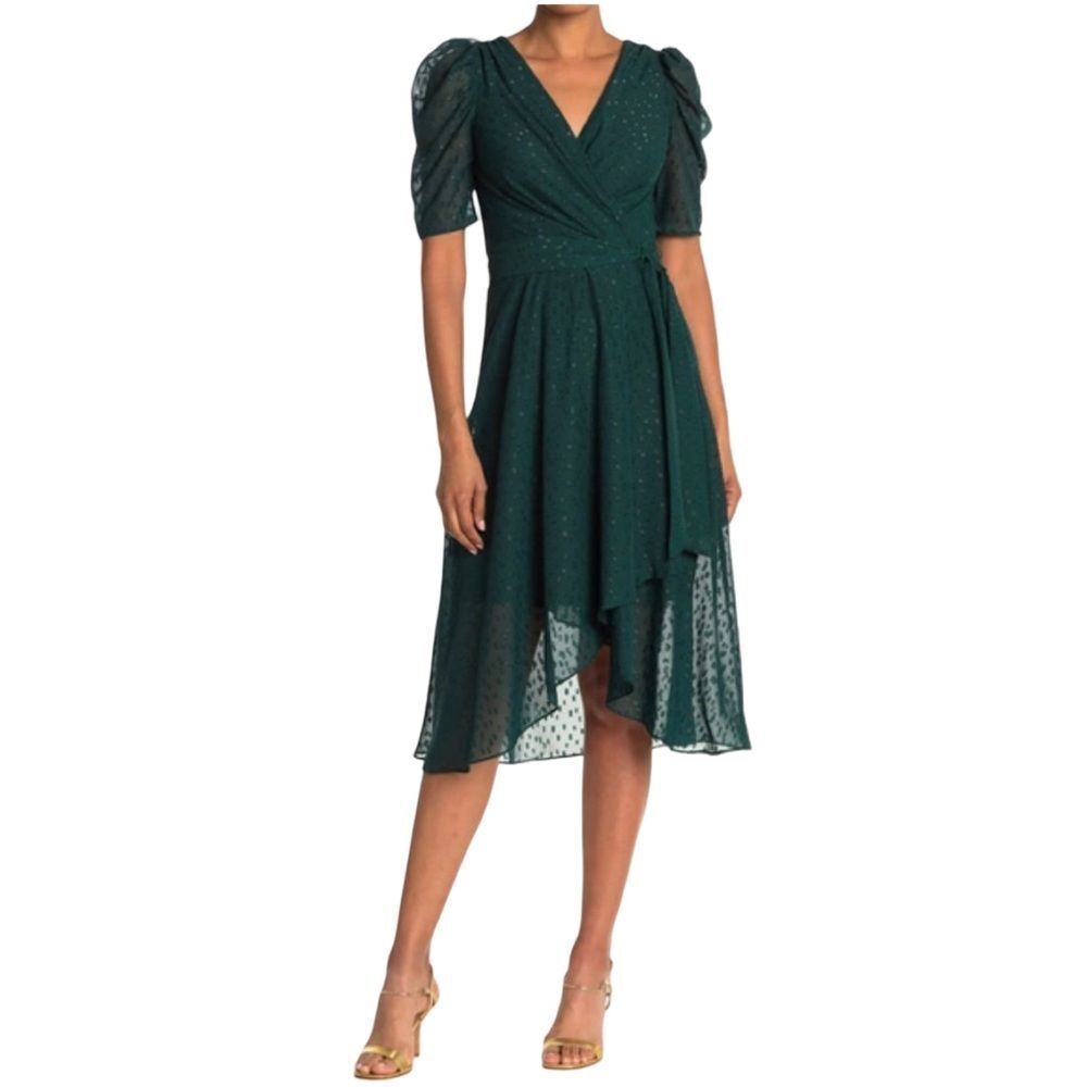 Tommy Hilfiger Emerald Green Faux Wrap Midi Dress Puff Sleeve Glitter Dot - Picture 5 of 16